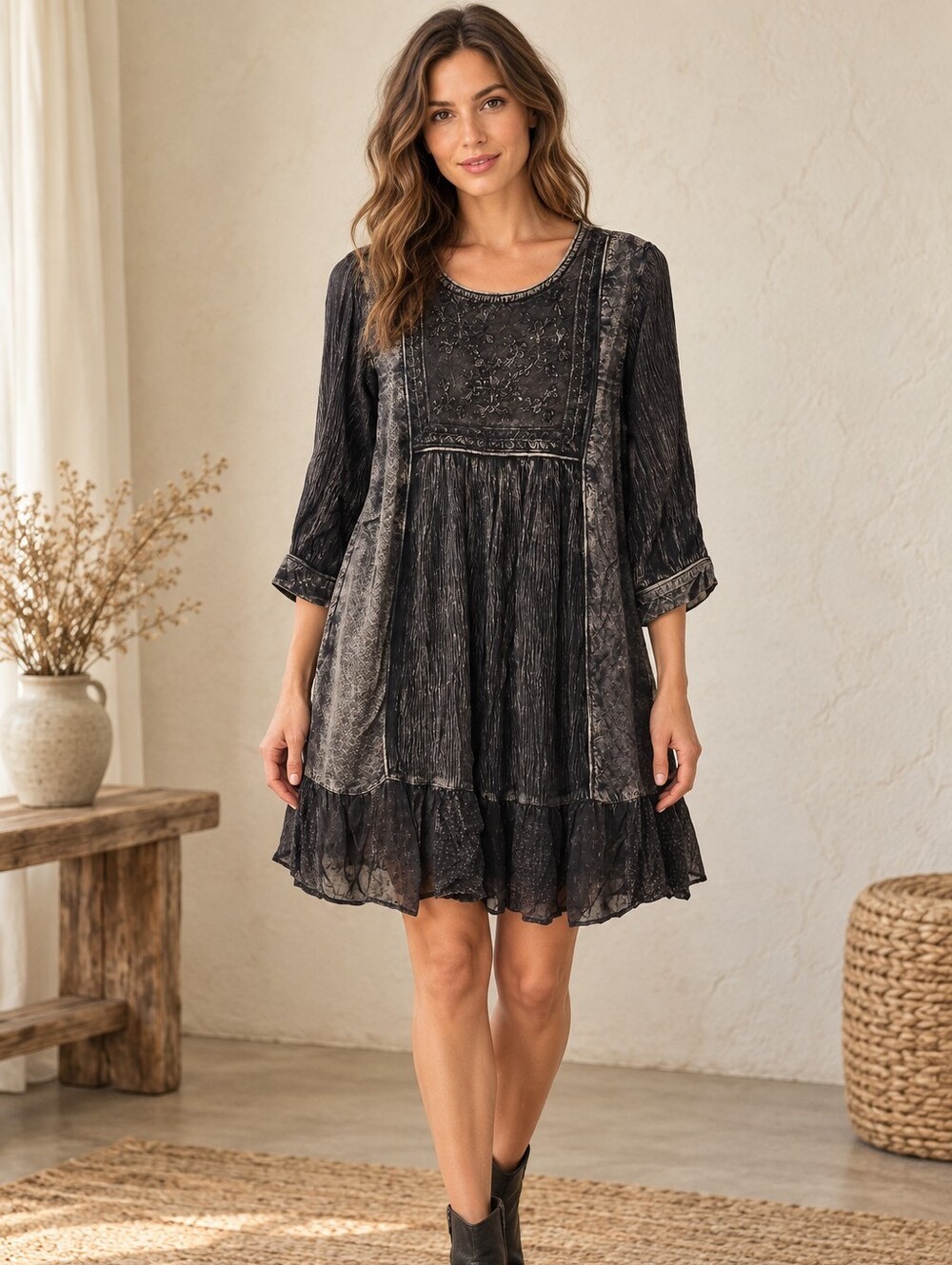 512.Young Threads Washed Black Embroidered Ruffle Hem Women's Dress